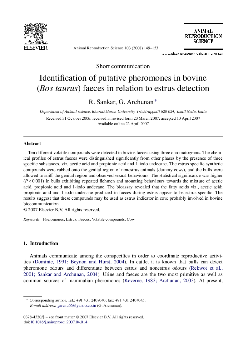 Identification of putative pheromones in bovine (Bos taurus) faeces in relation to estrus detection