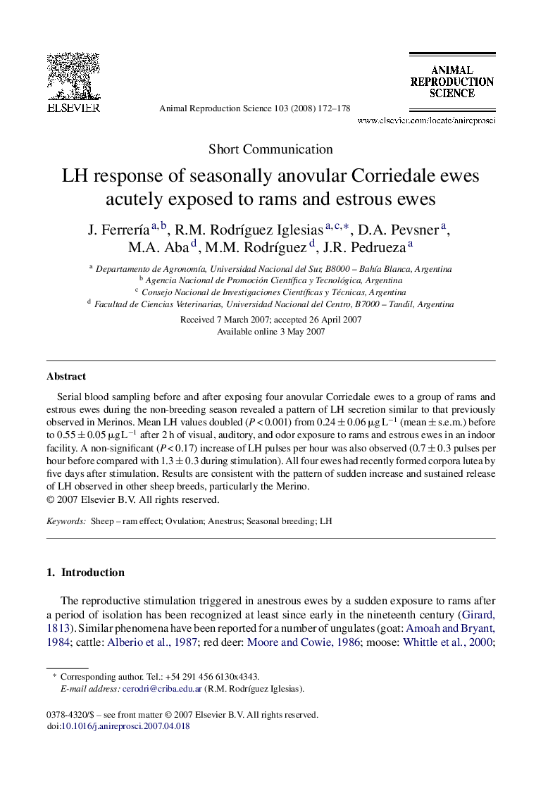 LH response of seasonally anovular Corriedale ewes acutely exposed to rams and estrous ewes