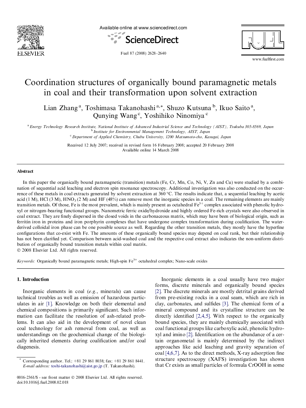 Coordination structures of organically bound paramagnetic metals in coal and their transformation upon solvent extraction