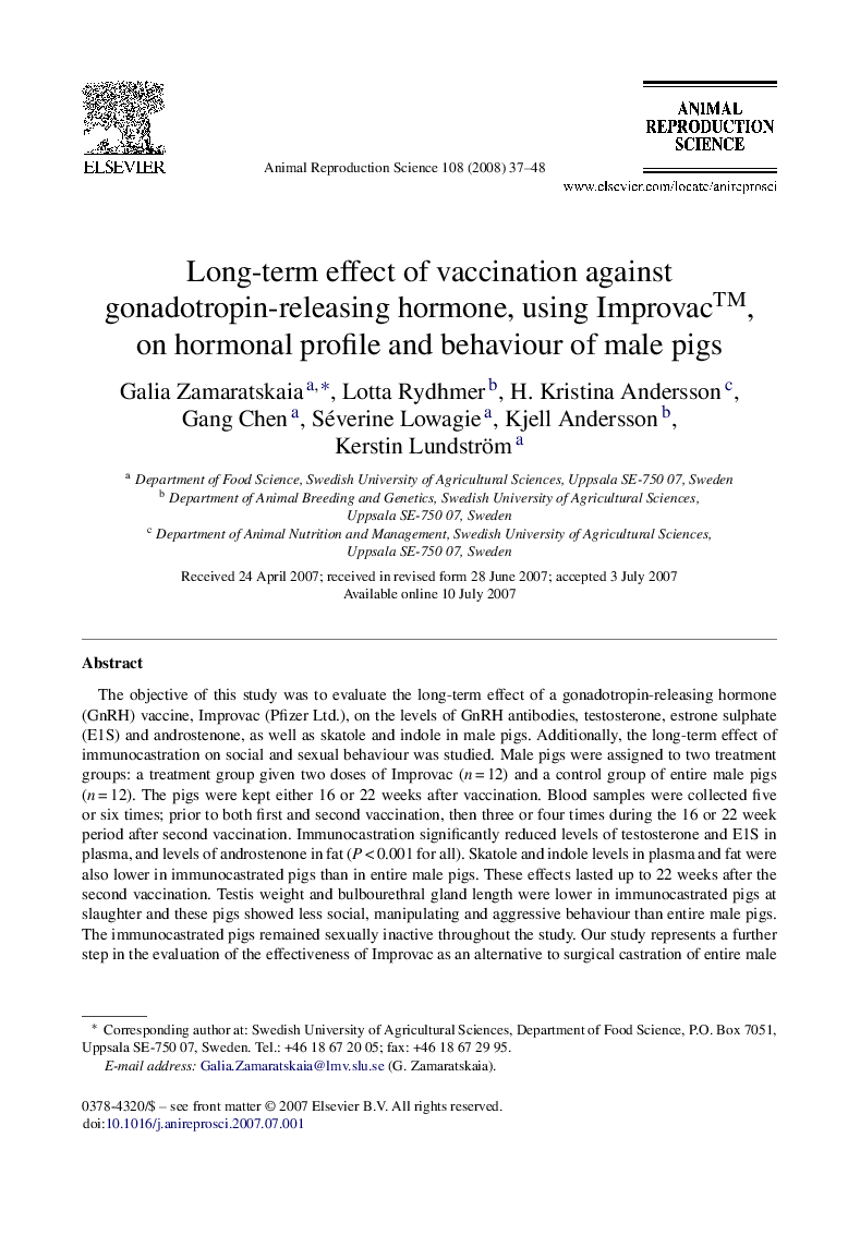 Long-term effect of vaccination against gonadotropin-releasing hormone, using Improvac™, on hormonal profile and behaviour of male pigs