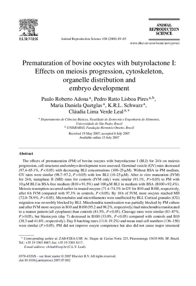 Prematuration of bovine oocytes with butyrolactone I: Effects on meiosis progression, cytoskeleton, organelle distribution and embryo development