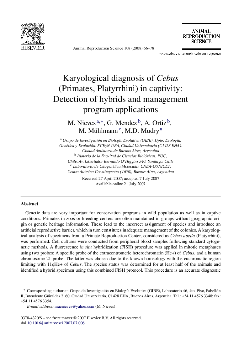 Karyological diagnosis of Cebus (Primates, Platyrrhini) in captivity: Detection of hybrids and management program applications