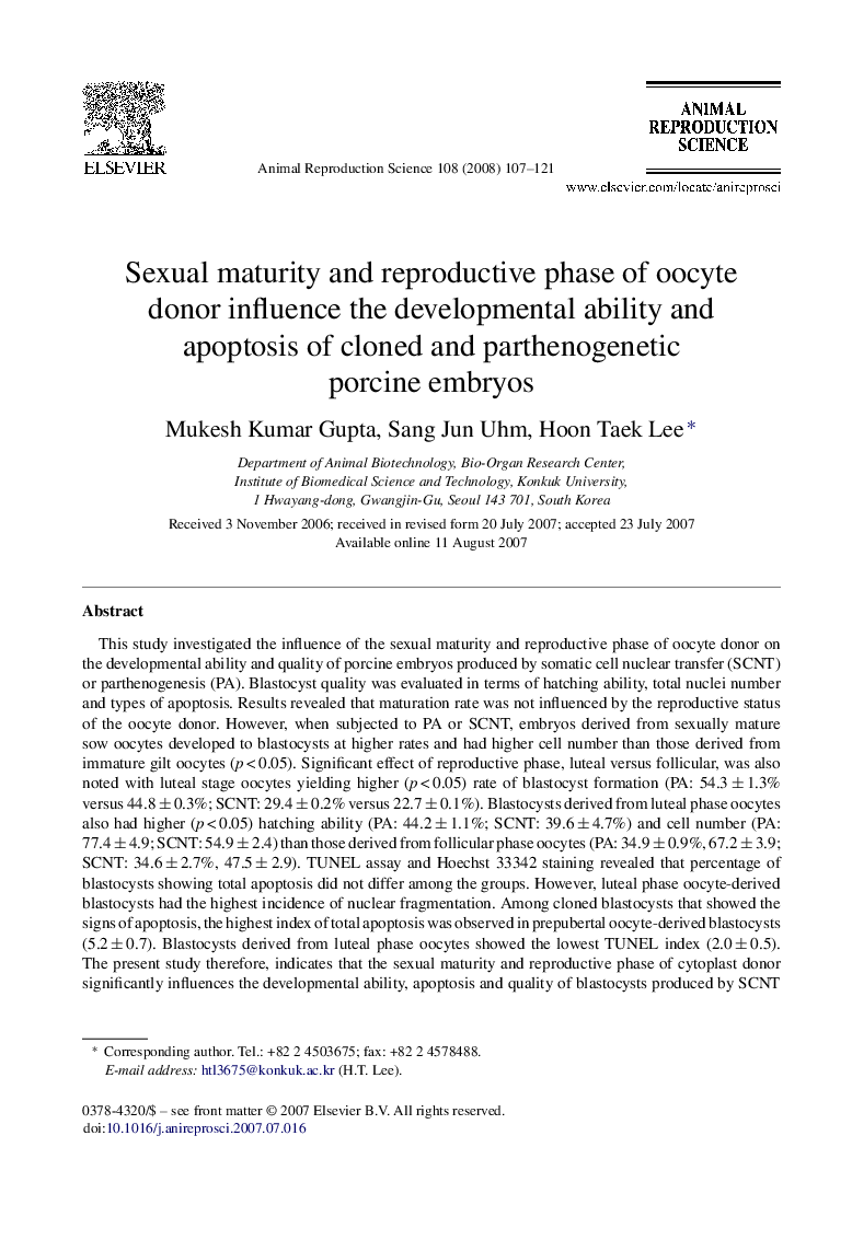 Sexual maturity and reproductive phase of oocyte donor influence the developmental ability and apoptosis of cloned and parthenogenetic porcine embryos