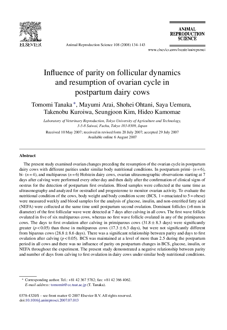 Influence of parity on follicular dynamics and resumption of ovarian cycle in postpartum dairy cows