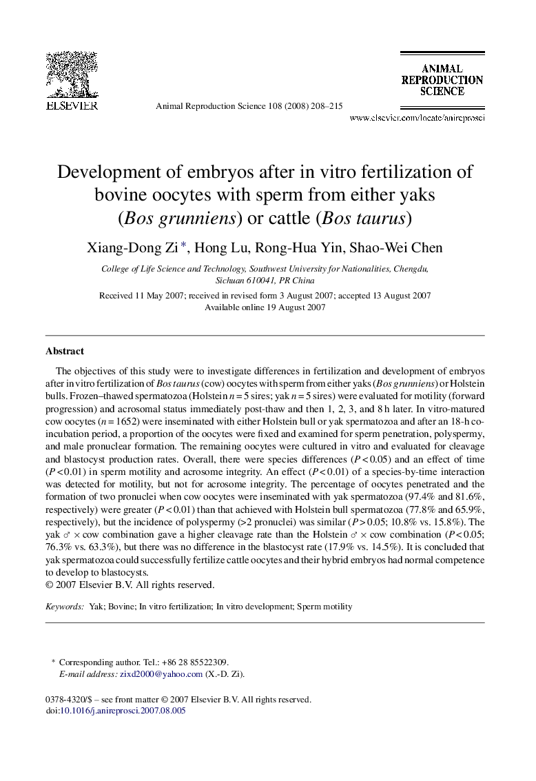 Development of embryos after in vitro fertilization of bovine oocytes with sperm from either yaks (Bos grunniens) or cattle (Bos taurus)