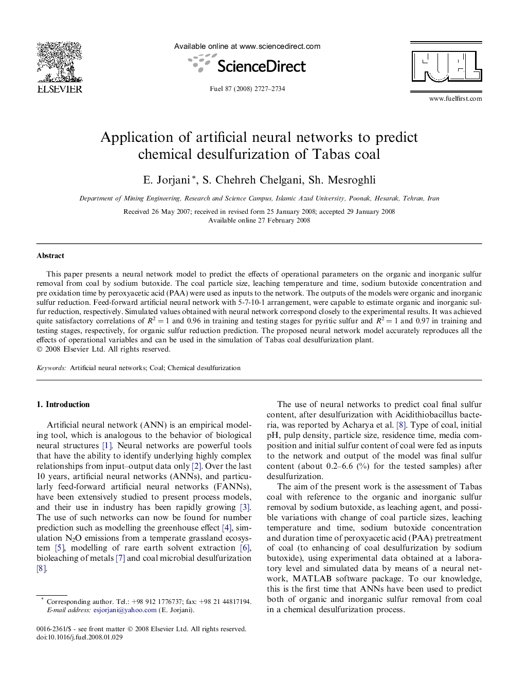 Application of artificial neural networks to predict chemical desulfurization of Tabas coal