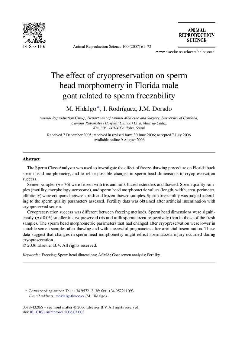 The effect of cryopreservation on sperm head morphometry in Florida male goat related to sperm freezability