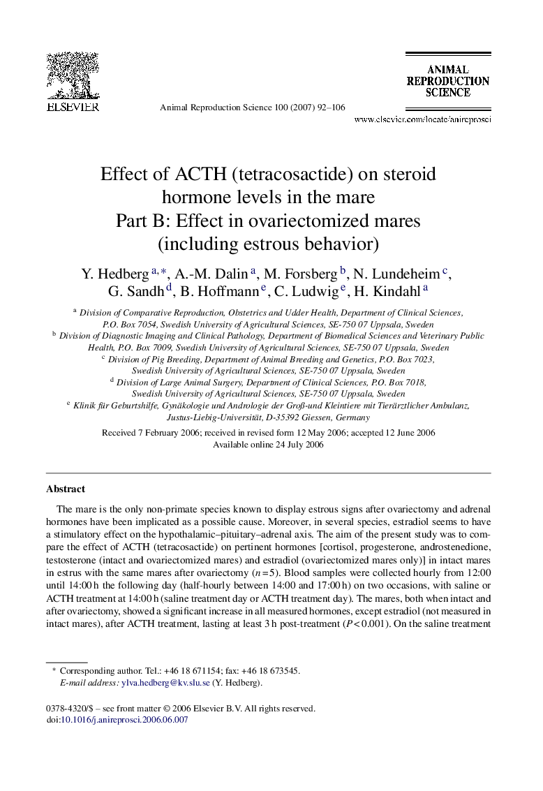 Effect of ACTH (tetracosactide) on steroid hormone levels in the mare: Part B: Effect in ovariectomized mares (including estrous behavior)