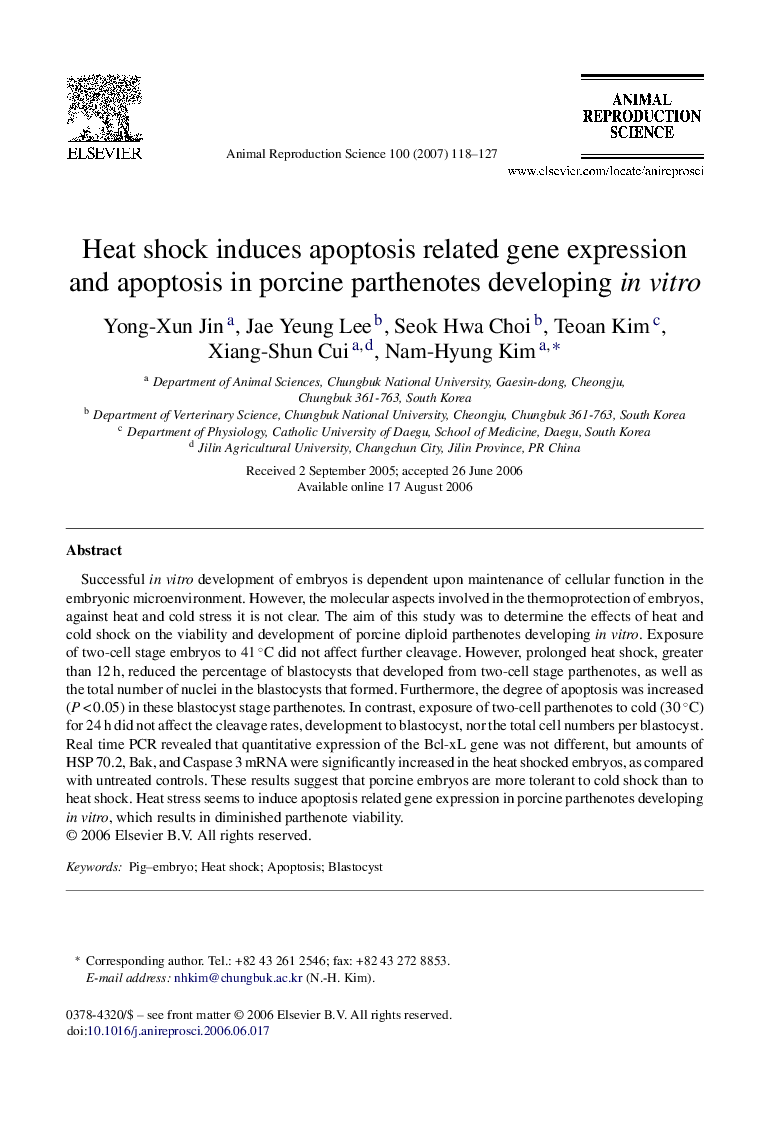 Heat shock induces apoptosis related gene expression and apoptosis in porcine parthenotes developing in vitro