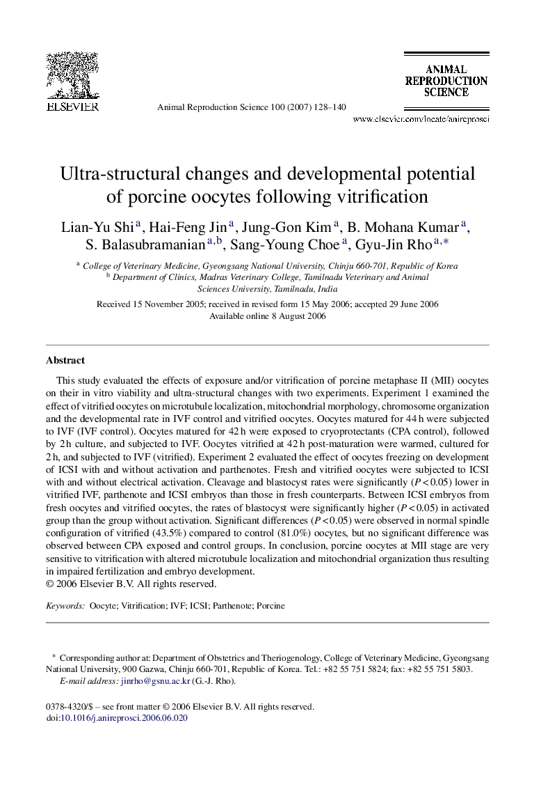 Ultra-structural changes and developmental potential of porcine oocytes following vitrification