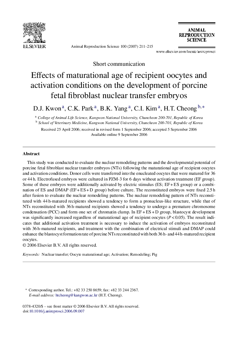 Effects of maturational age of recipient oocytes and activation conditions on the development of porcine fetal fibroblast nuclear transfer embryos