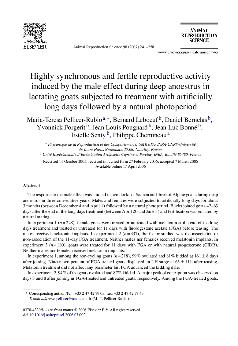 Highly synchronous and fertile reproductive activity induced by the male effect during deep anoestrus in lactating goats subjected to treatment with artificially long days followed by a natural photoperiod