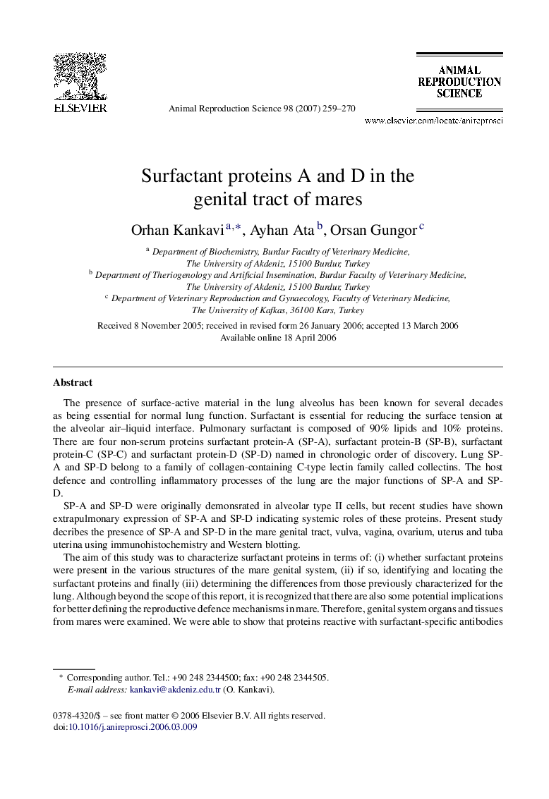 Surfactant proteins A and D in the genital tract of mares