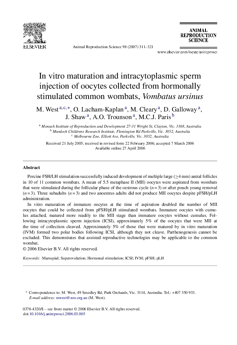 In vitro maturation and intracytoplasmic sperm injection of oocytes collected from hormonally stimulated common wombats, Vombatus ursinus