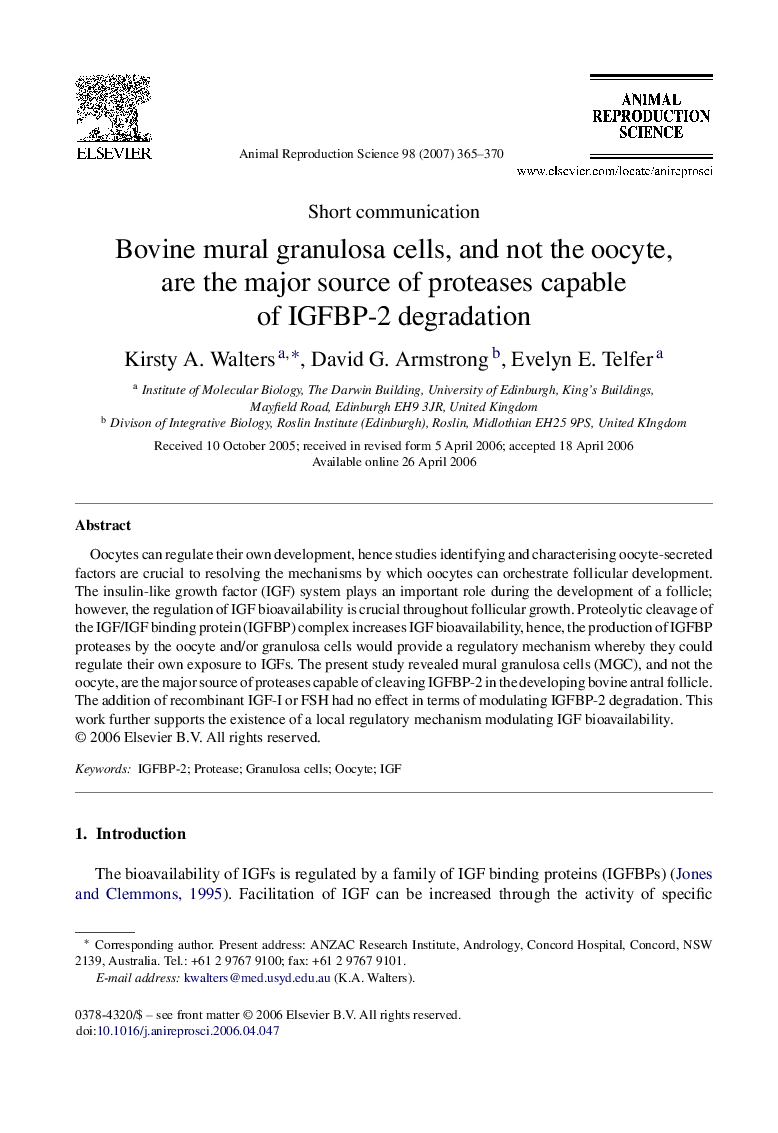 Bovine mural granulosa cells, and not the oocyte, are the major source of proteases capable of IGFBP-2 degradation