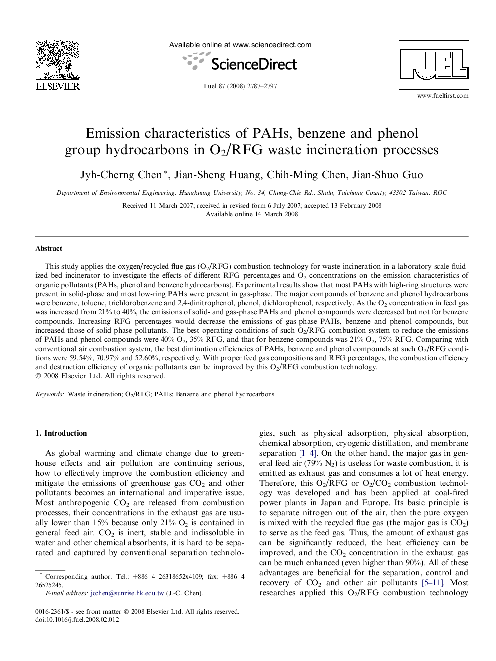 Emission characteristics of PAHs, benzene and phenol group hydrocarbons in O2/RFG waste incineration processes