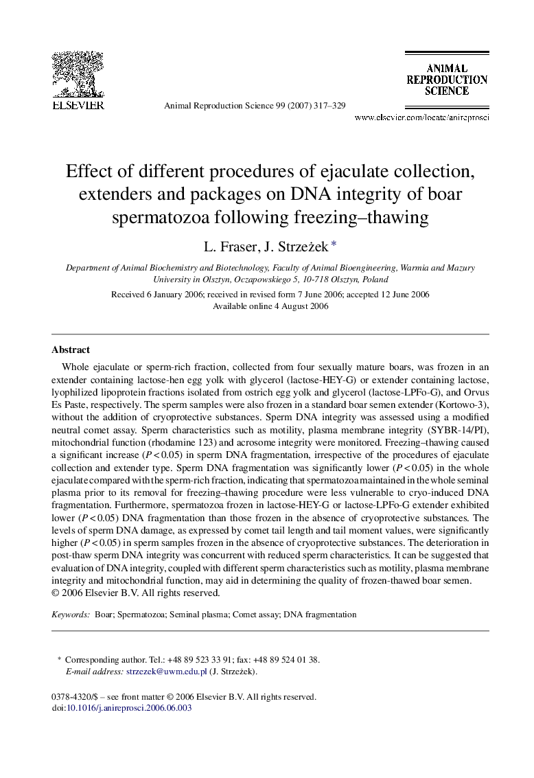 Effect of different procedures of ejaculate collection, extenders and packages on DNA integrity of boar spermatozoa following freezing–thawing