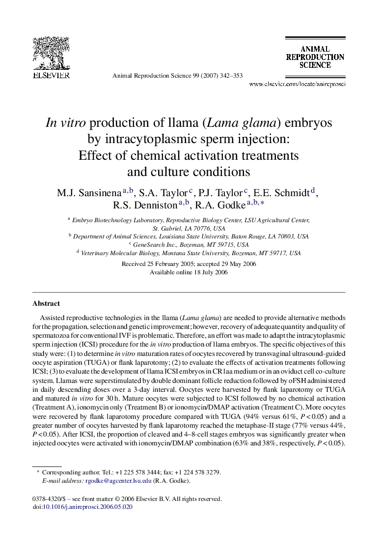 In vitro production of llama (Lama glama) embryos by intracytoplasmic sperm injection: Effect of chemical activation treatments and culture conditions