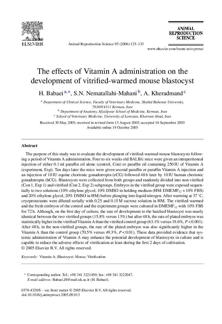 The effects of Vitamin A administration on the development of vitrified-warmed mouse blastocyst