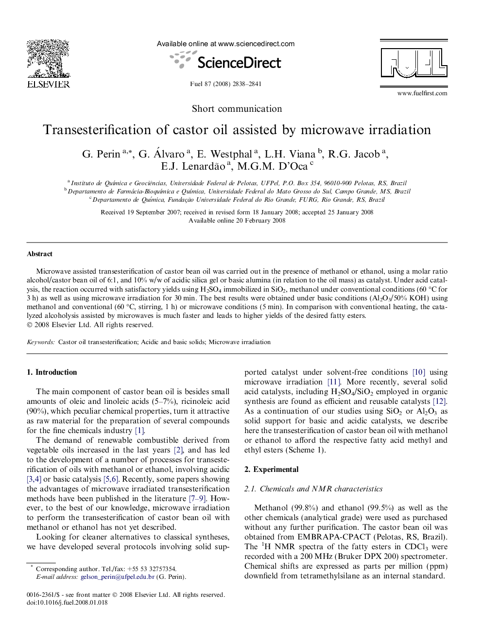 Transesterification of castor oil assisted by microwave irradiation