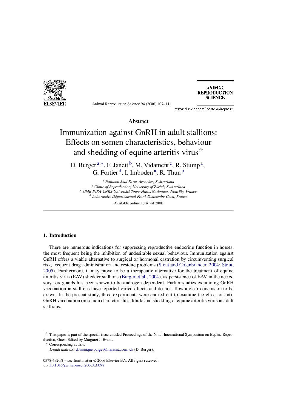 Immunization against GnRH in adult stallions: effects on semen characteristics, behaviour, and shedding of equine arteritis virus