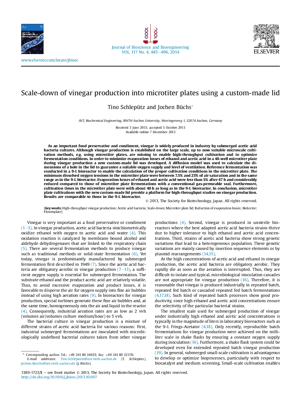 Scale-down of vinegar production into microtiter plates using a custom-made lid