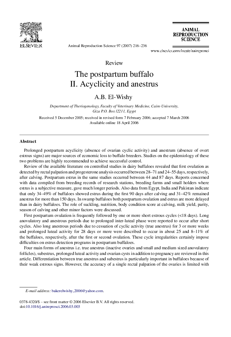 The postpartum buffalo: II. Acyclicity and anestrus