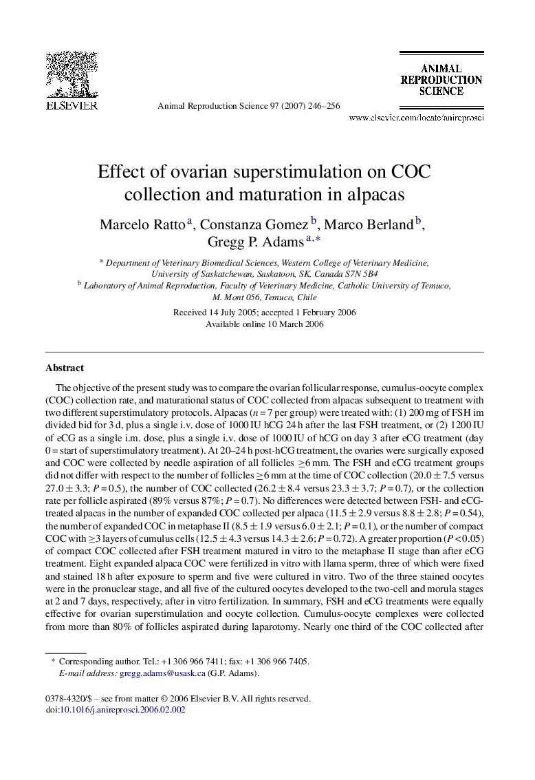 Effect of ovarian superstimulation on COC collection and maturation in alpacas