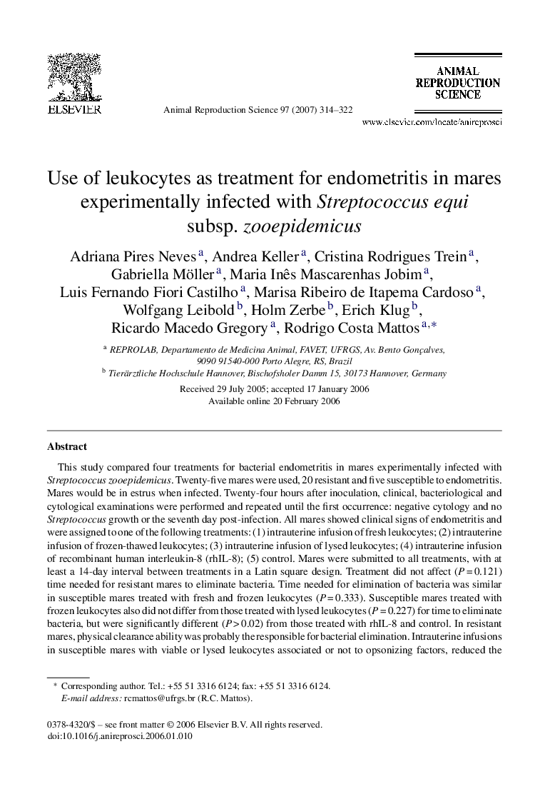 Use of leukocytes as treatment for endometritis in mares experimentally infected with Streptococcus equi subsp. zooepidemicus