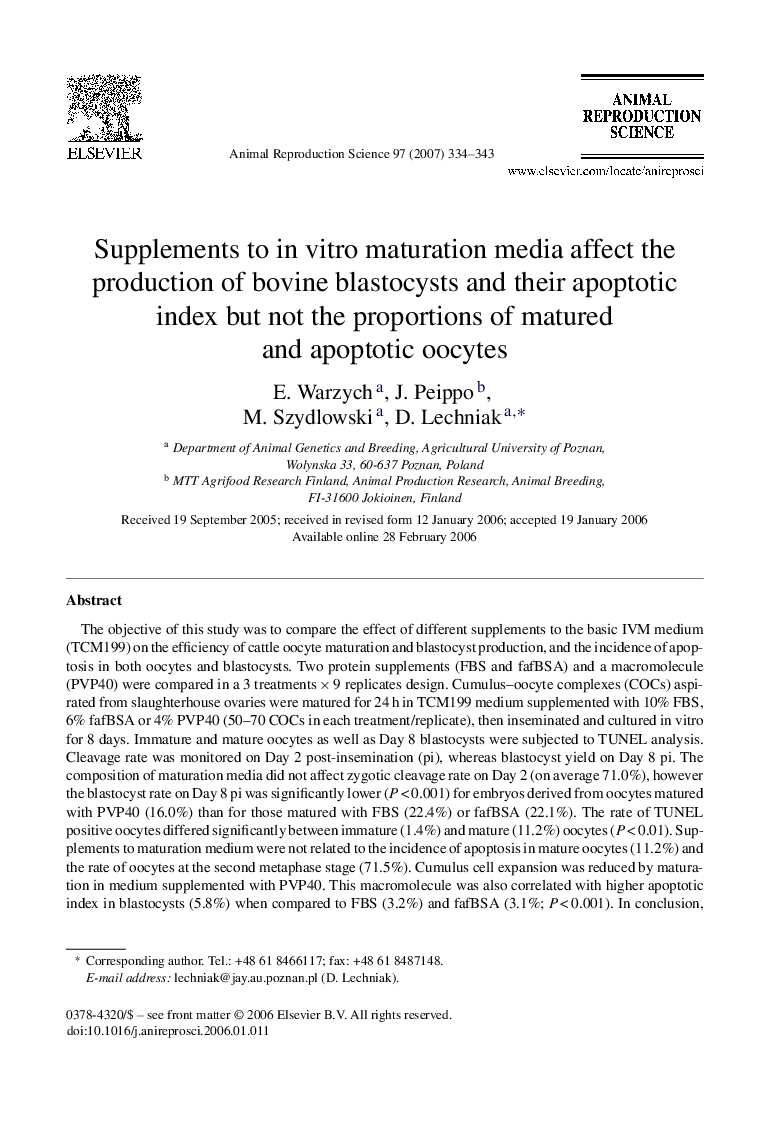 Supplements to in vitro maturation media affect the production of bovine blastocysts and their apoptotic index but not the proportions of matured and apoptotic oocytes