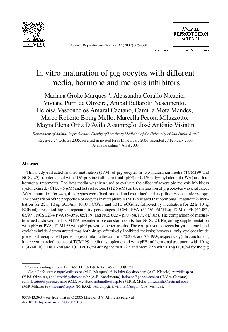 In vitro maturation of pig oocytes with different media, hormone and meiosis inhibitors