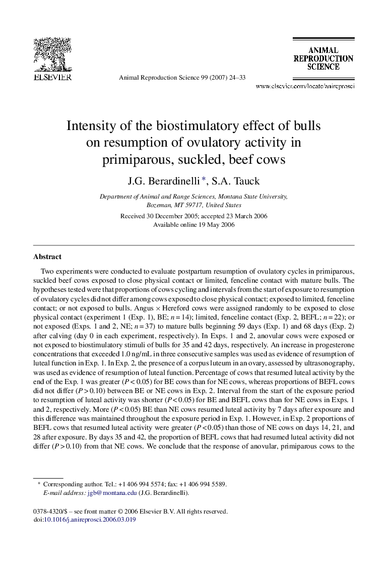 Intensity of the biostimulatory effect of bulls on resumption of ovulatory activity in primiparous, suckled, beef cows