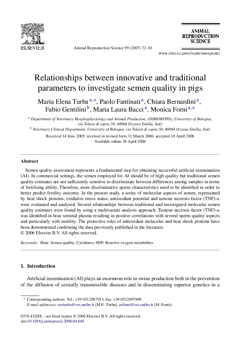 Relationships between innovative and traditional parameters to investigate semen quality in pigs