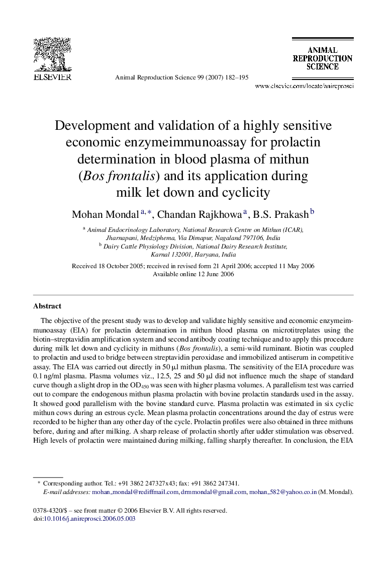 Development and validation of a highly sensitive economic enzymeimmunoassay for prolactin determination in blood plasma of mithun (Bos frontalis) and its application during milk let down and cyclicity