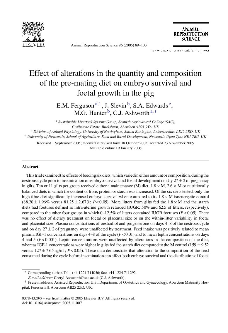 Effect of alterations in the quantity and composition of the pre-mating diet on embryo survival and foetal growth in the pig