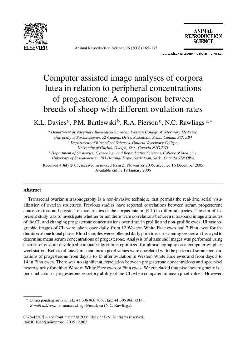 Computer assisted image analyses of corpora lutea in relation to peripheral concentrations of progesterone: A comparison between breeds of sheep with different ovulation rates