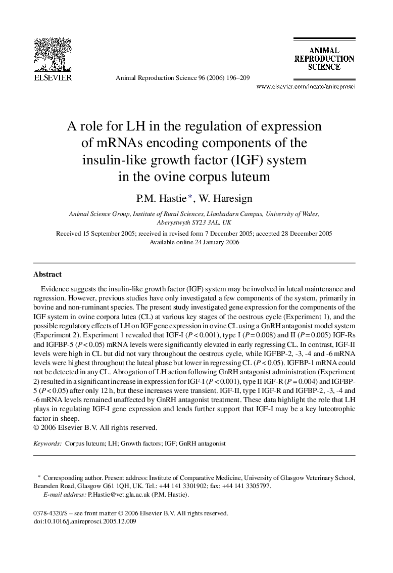 A role for LH in the regulation of expression of mRNAs encoding components of the insulin-like growth factor (IGF) system in the ovine corpus luteum