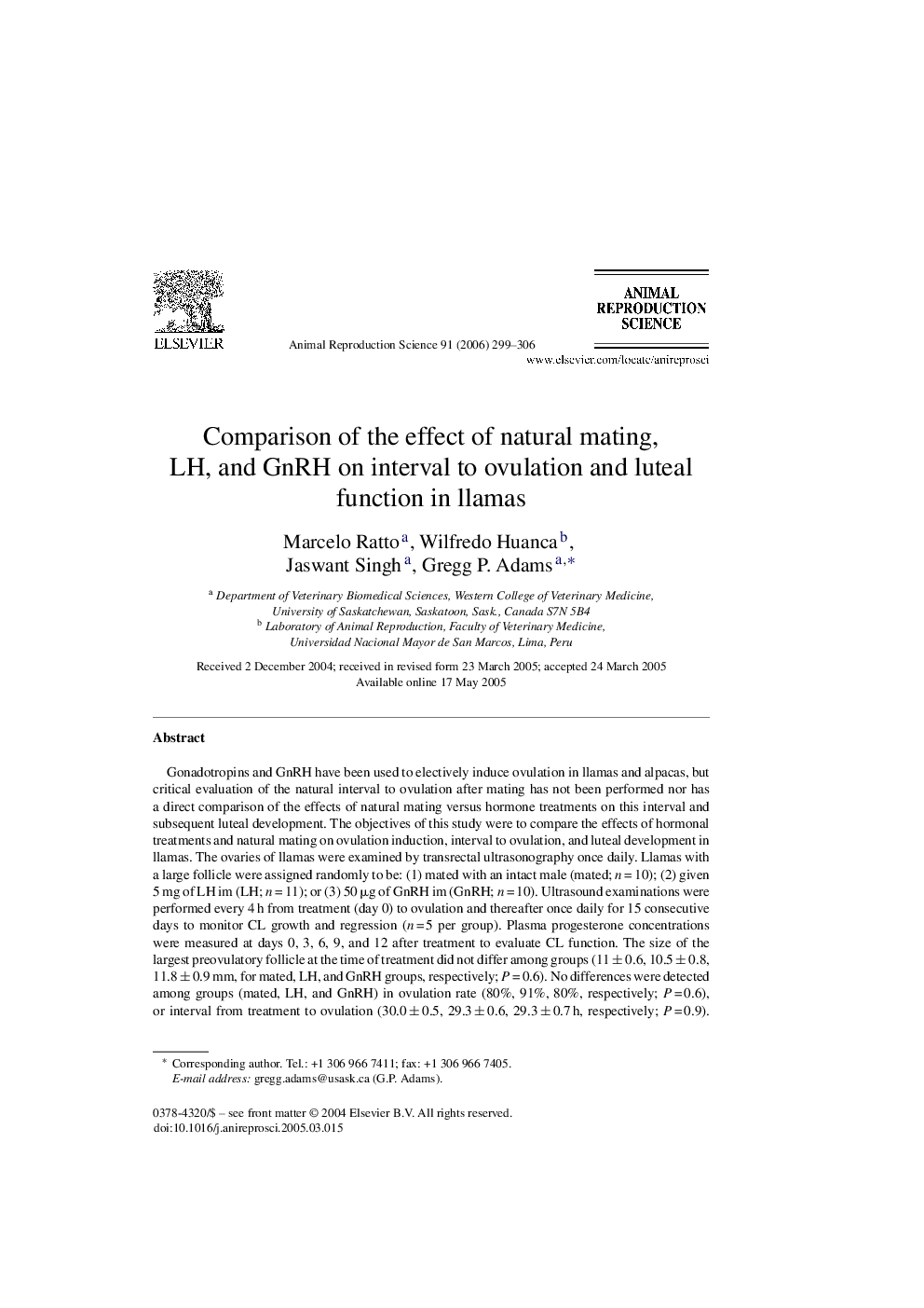 Comparison of the effect of natural mating, LH, and GnRH on interval to ovulation and luteal function in llamas