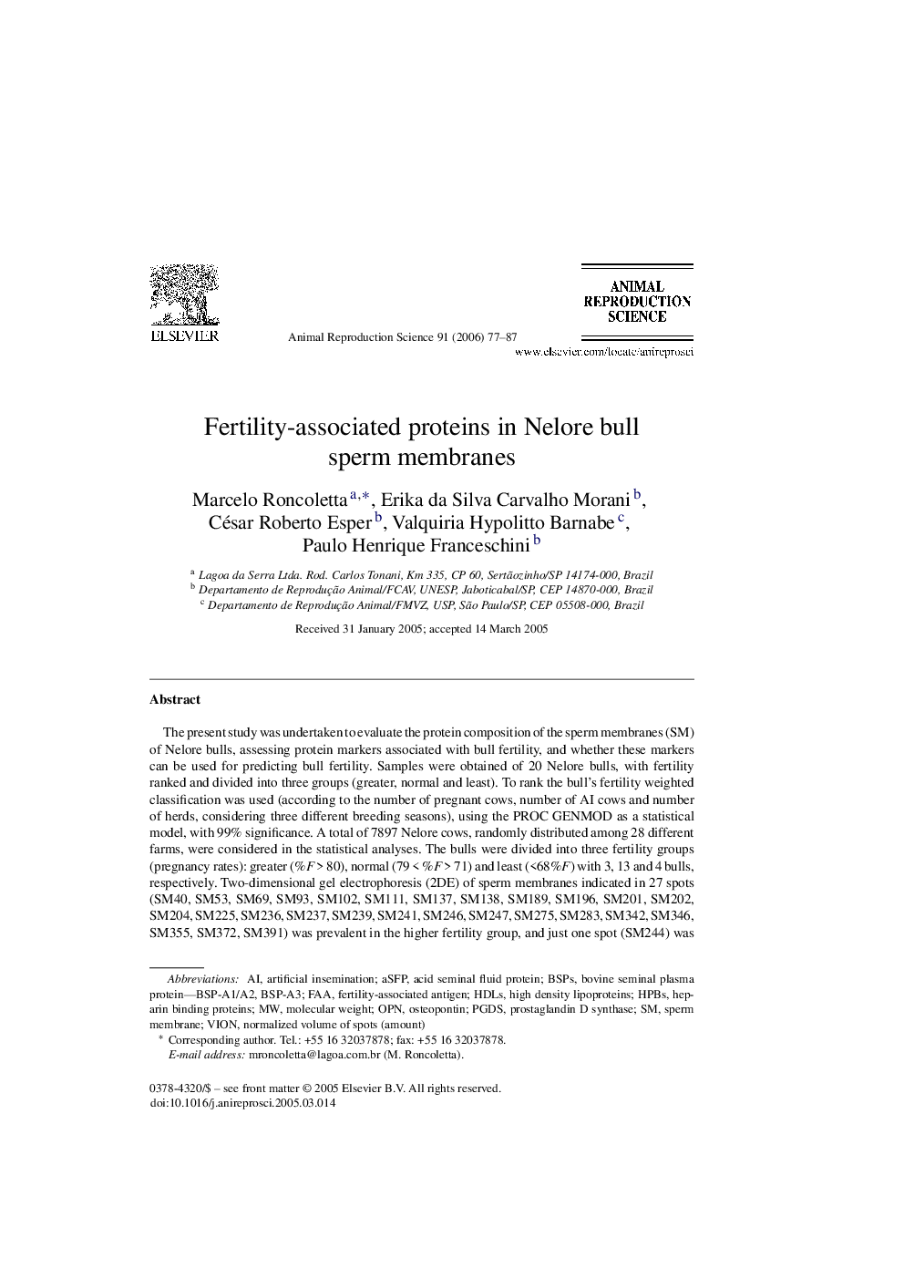 Fertility-associated proteins in Nelore bull sperm membranes