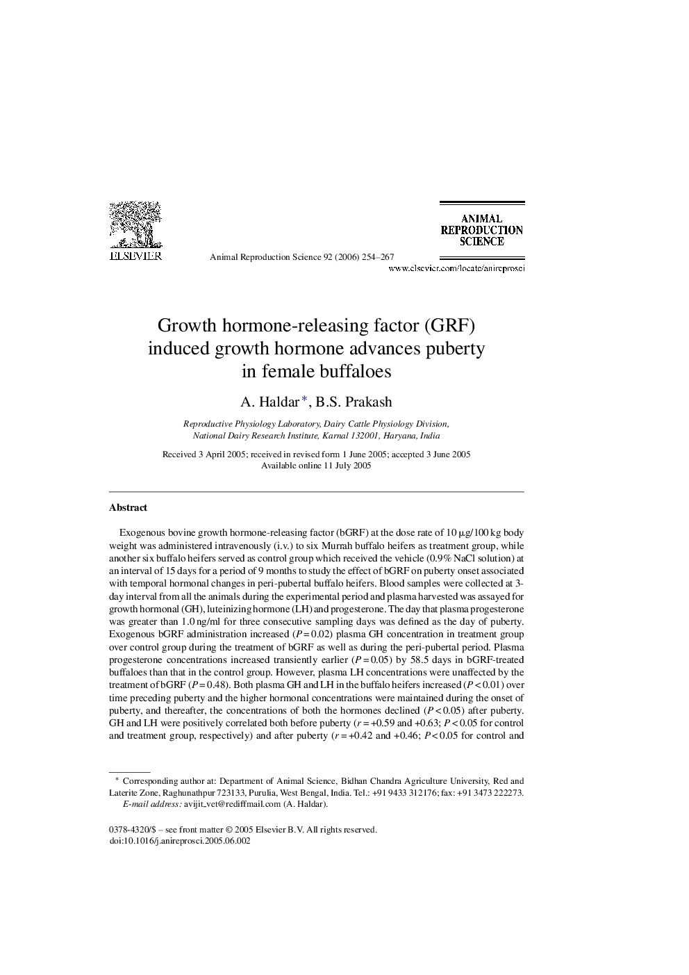 Growth hormone-releasing factor (GRF) induced growth hormone advances puberty in female buffaloes