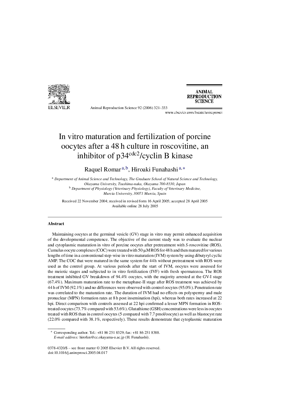 In vitro maturation and fertilization of porcine oocytes after a 48 h culture in roscovitine, an inhibitor of p34cdc2/cyclin B kinase