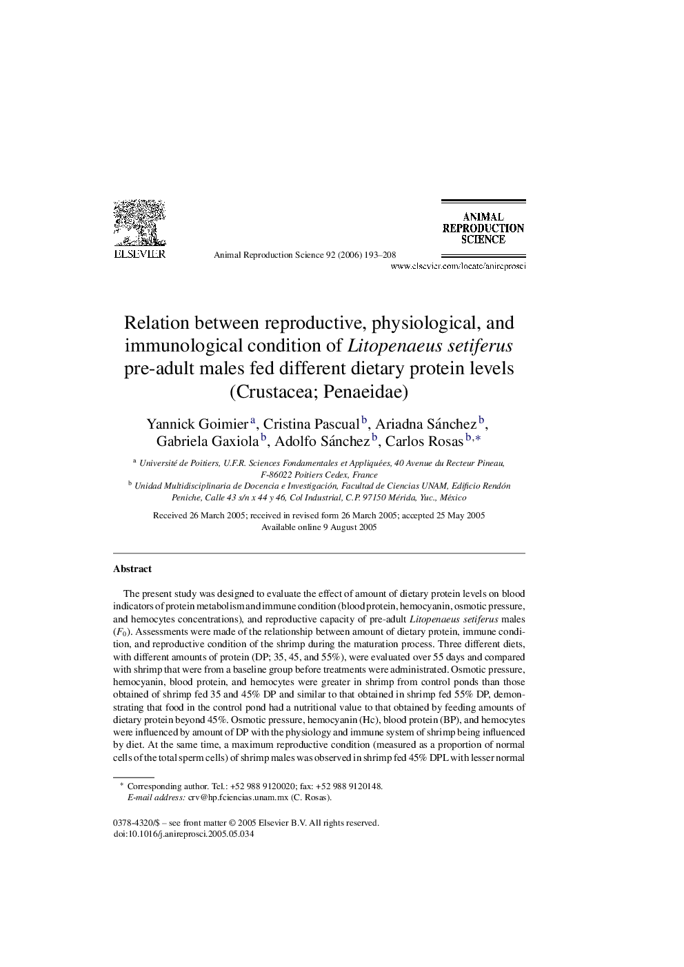 Relation between reproductive, physiological, and immunological condition of Litopenaeus setiferus pre-adult males fed different dietary protein levels (Crustacea; Penaeidae)