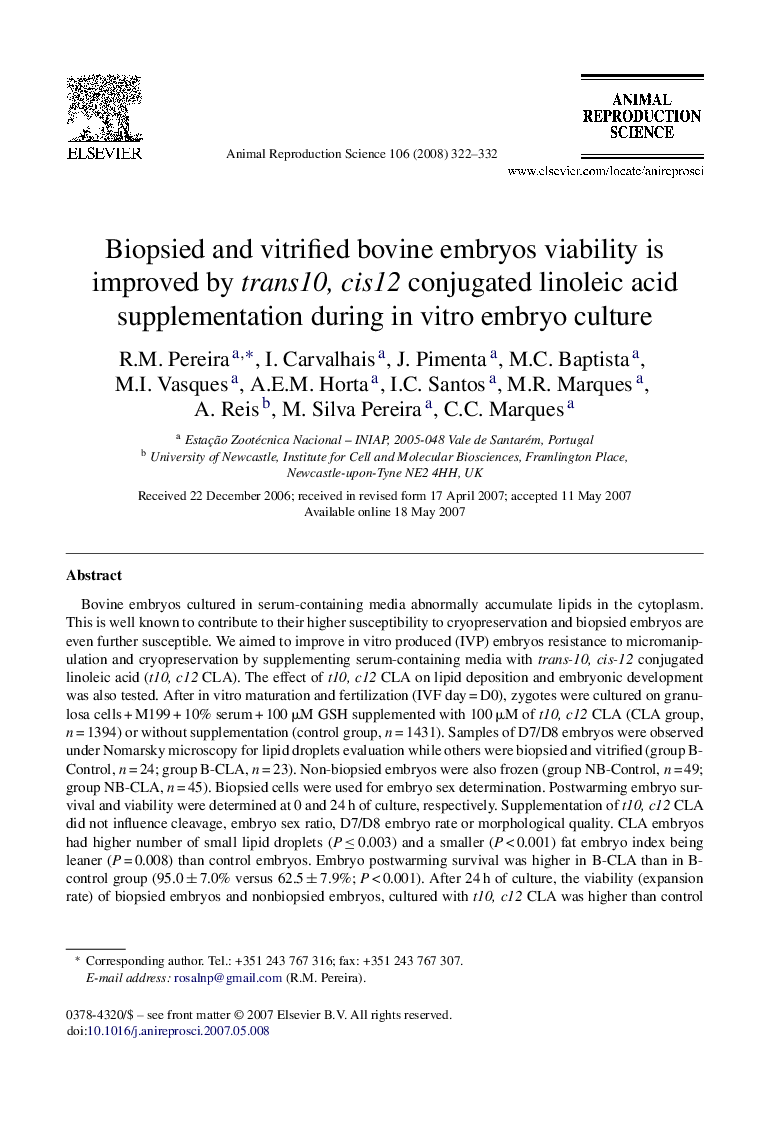 Biopsied and vitrified bovine embryos viability is improved by trans10, cis12 conjugated linoleic acid supplementation during in vitro embryo culture