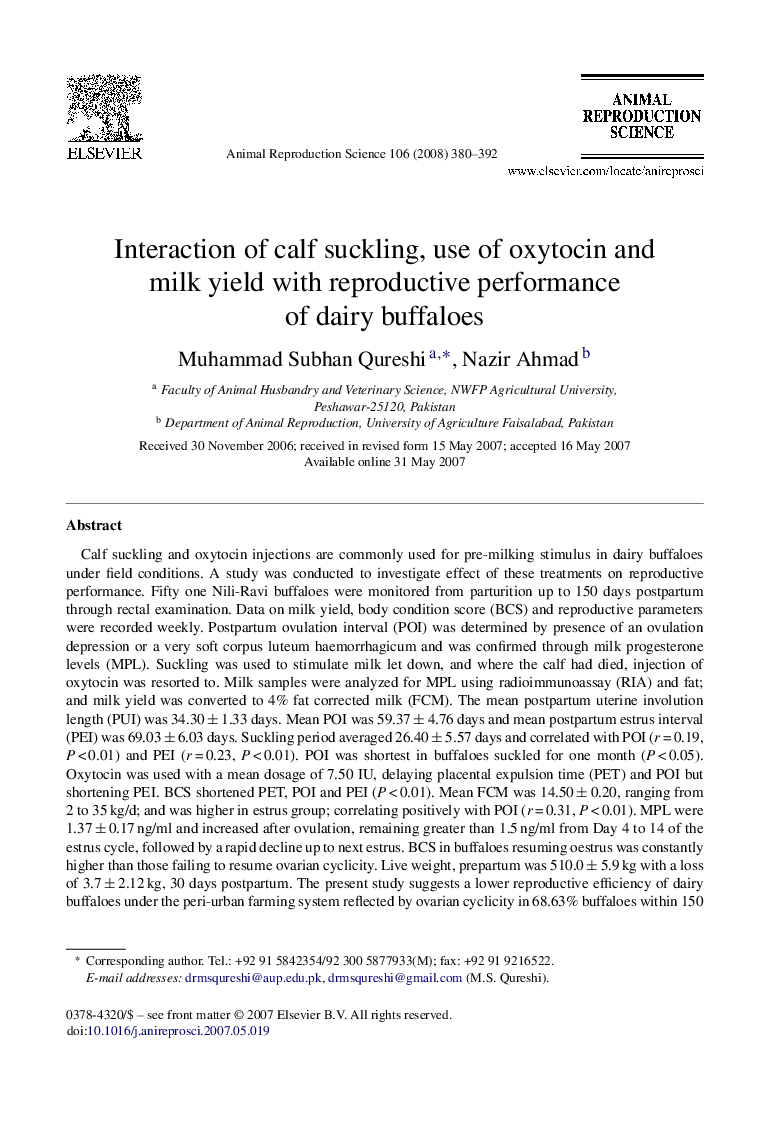 Interaction of calf suckling, use of oxytocin and milk yield with reproductive performance of dairy buffaloes