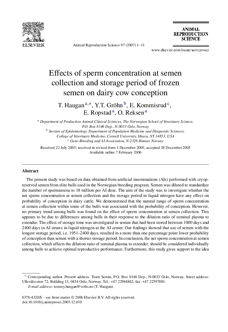 Effects of sperm concentration at semen collection and storage period of frozen semen on dairy cow conception