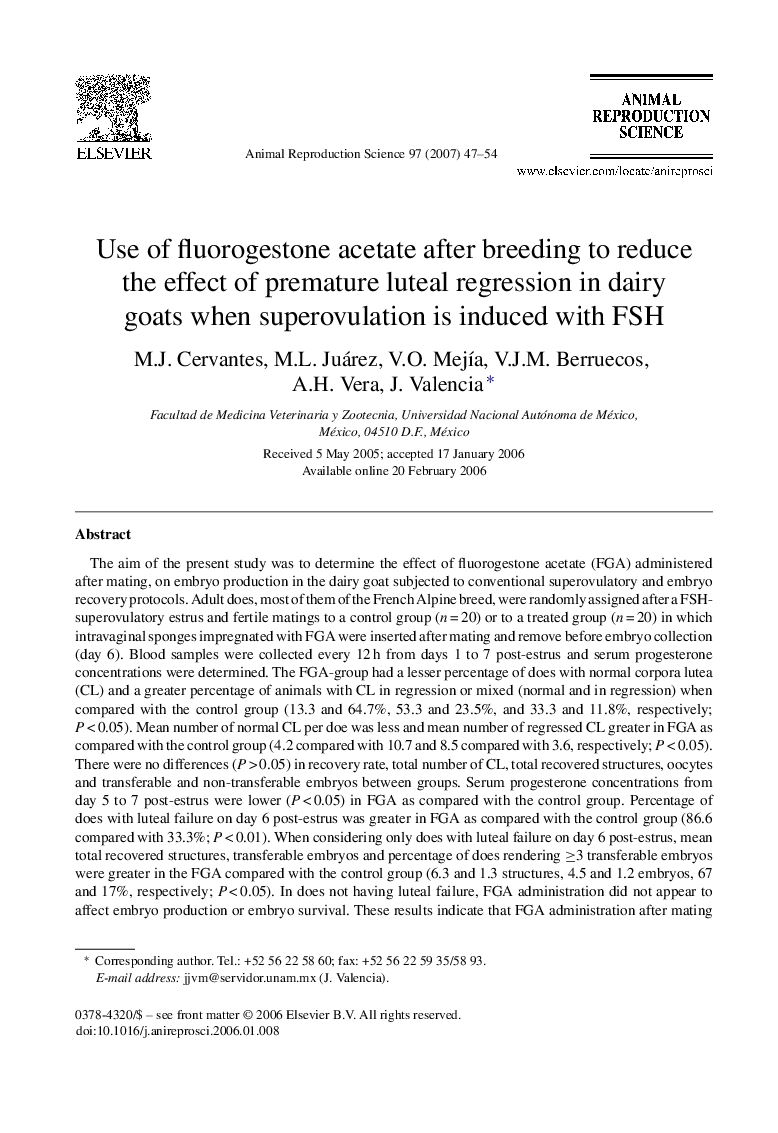 Use of fluorogestone acetate after breeding to reduce the effect of premature luteal regression in dairy goats when superovulation is induced with FSH