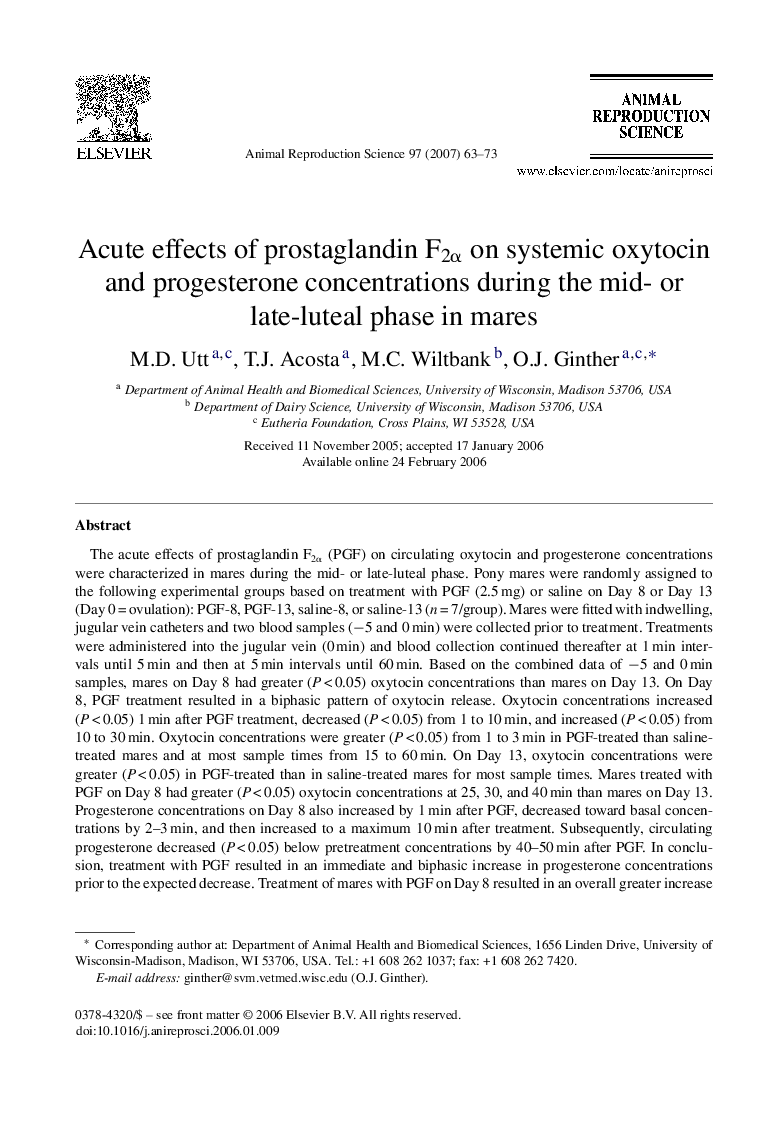 Acute effects of prostaglandin F2Î± on systemic oxytocin and progesterone concentrations during the mid- or late-luteal phase in mares