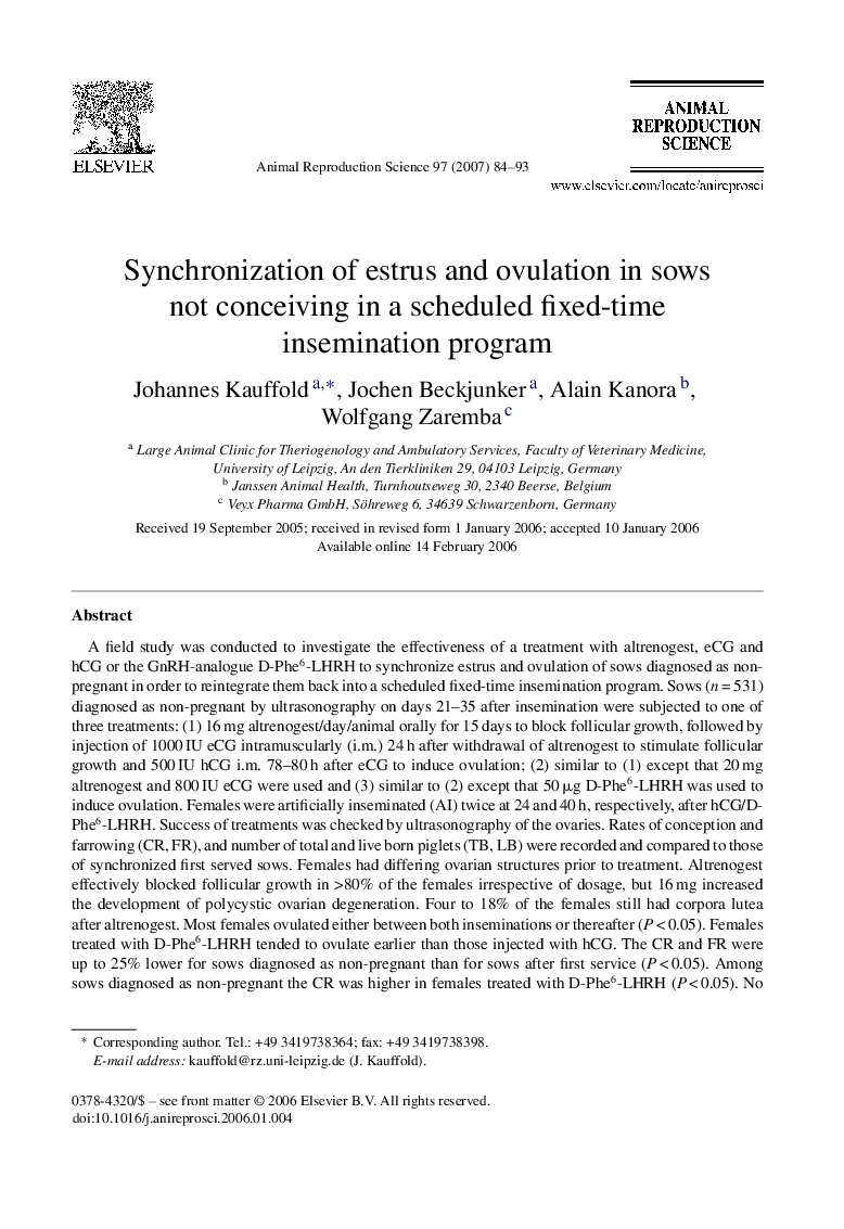 Synchronization of estrus and ovulation in sows not conceiving in a scheduled fixed-time insemination program