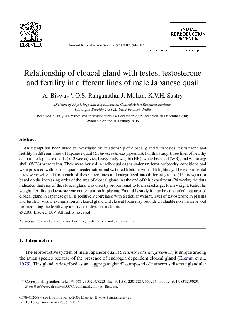 Relationship of cloacal gland with testes, testosterone and fertility in different lines of male Japanese quail