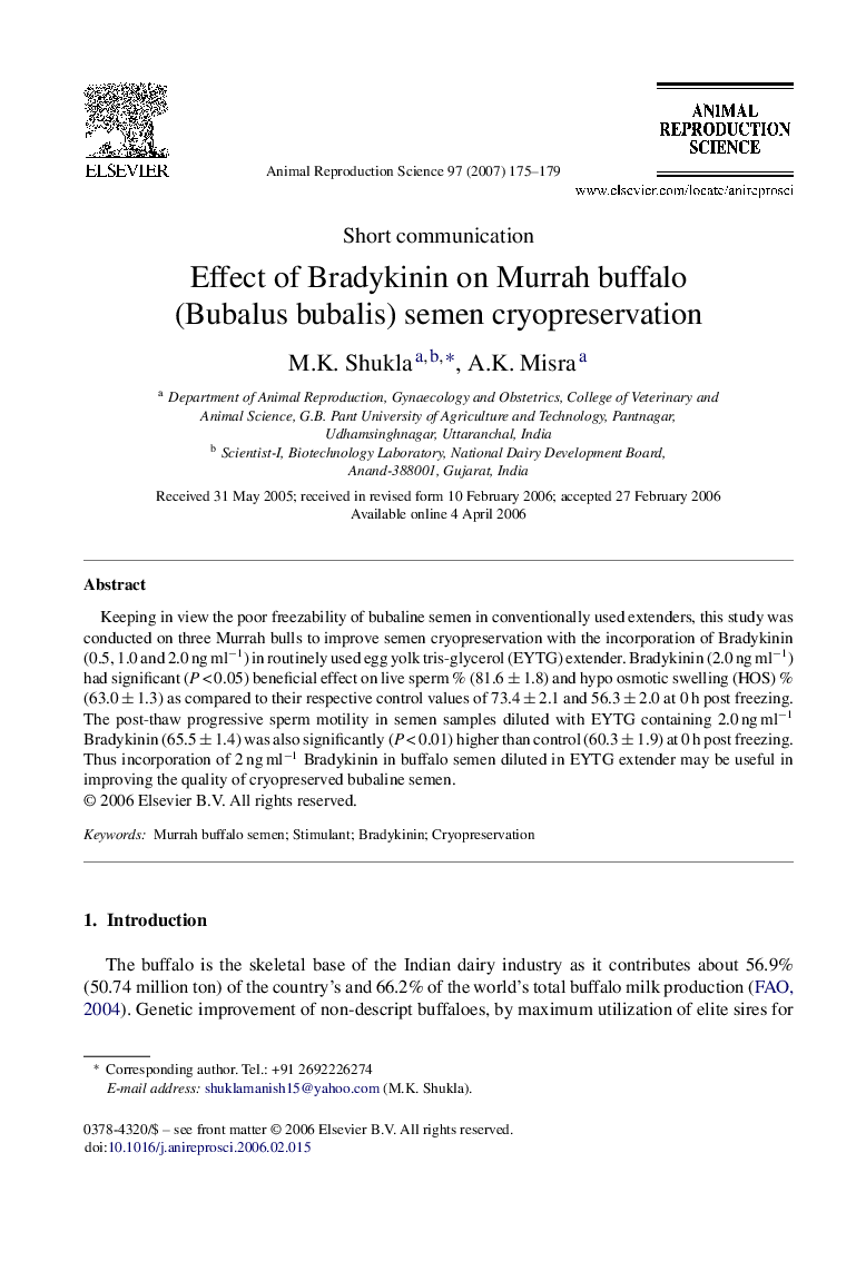 Effect of Bradykinin on Murrah buffalo (Bubalus bubalis) semen cryopreservation